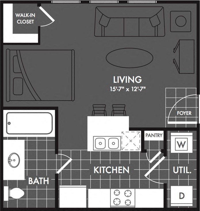 Floor plan for studio, 1 bath, 430 sqft